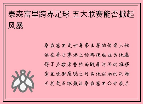 泰森富里跨界足球 五大联赛能否掀起风暴